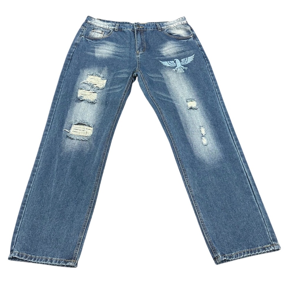 Mens‎ Distressed Eagle Graphic Straight Leg Jeans Medium Wash Blue Streetwear